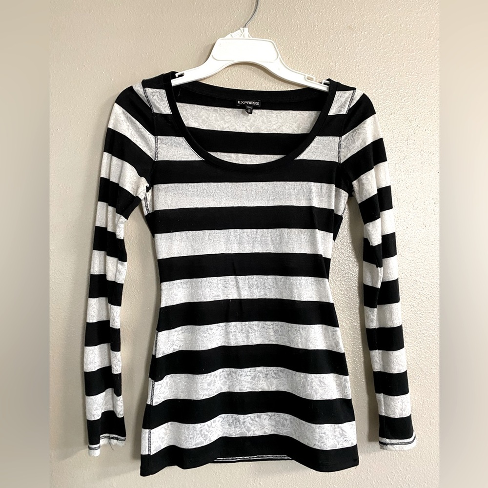 Express XS Long Sleeve Black White Top